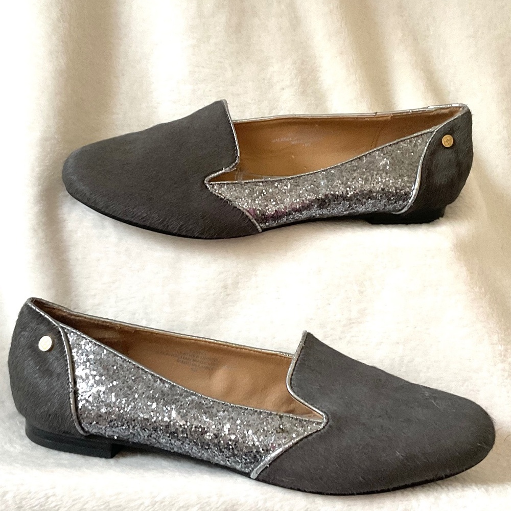 Gray IMAN Slip On Calf Hair Glittery Loafer Flats - Picture 2 of 14